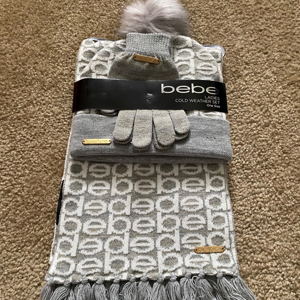 Bebe Silver Scarf, Beanie, Gloves Set